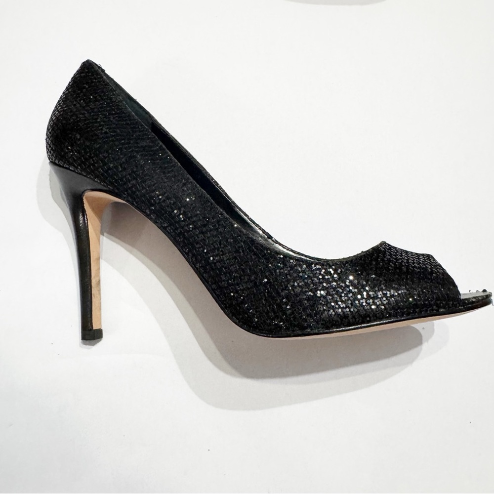 Enzo Angiolini Size 9M Black Glitter Peep Toe Platform Heels Shoes